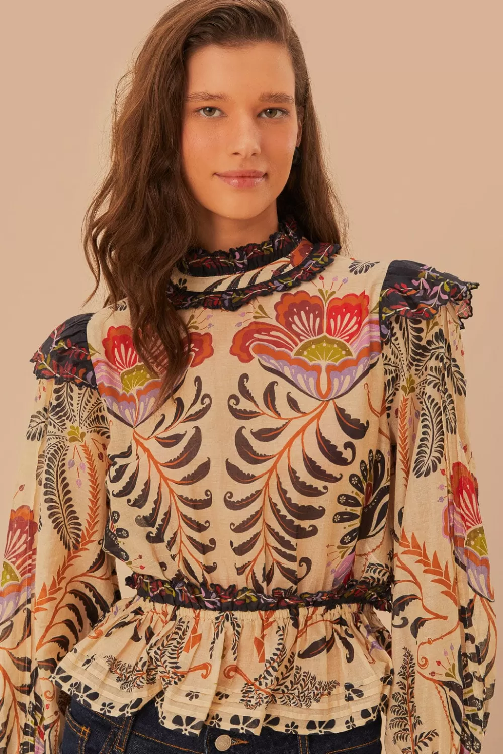 Classic Nature Sand Ruffled Long Sleeve Blouse | FARM Rio Sale