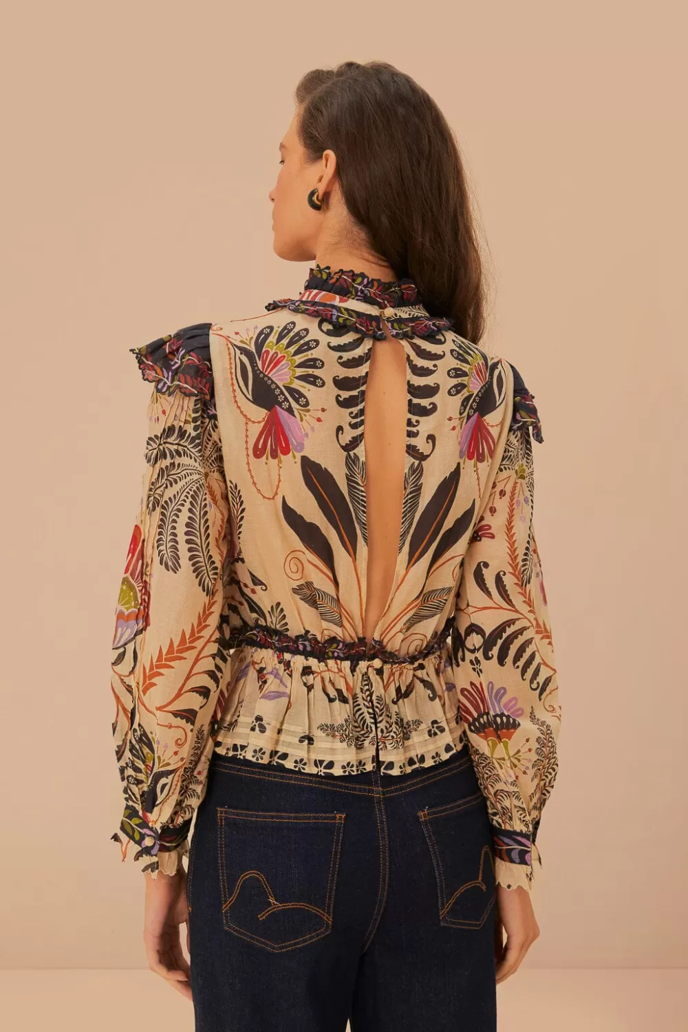 Classic Nature Sand Ruffled Long Sleeve Blouse | FARM Rio Sale