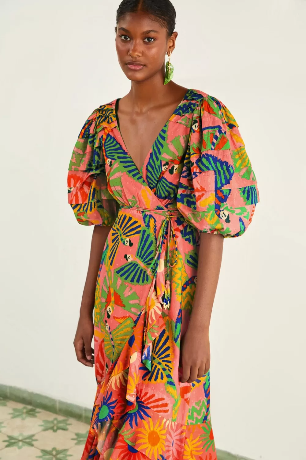 Coral Mixed Graphic Macaws Puff Sleeve Midi Dress | FARM Rio Clearance