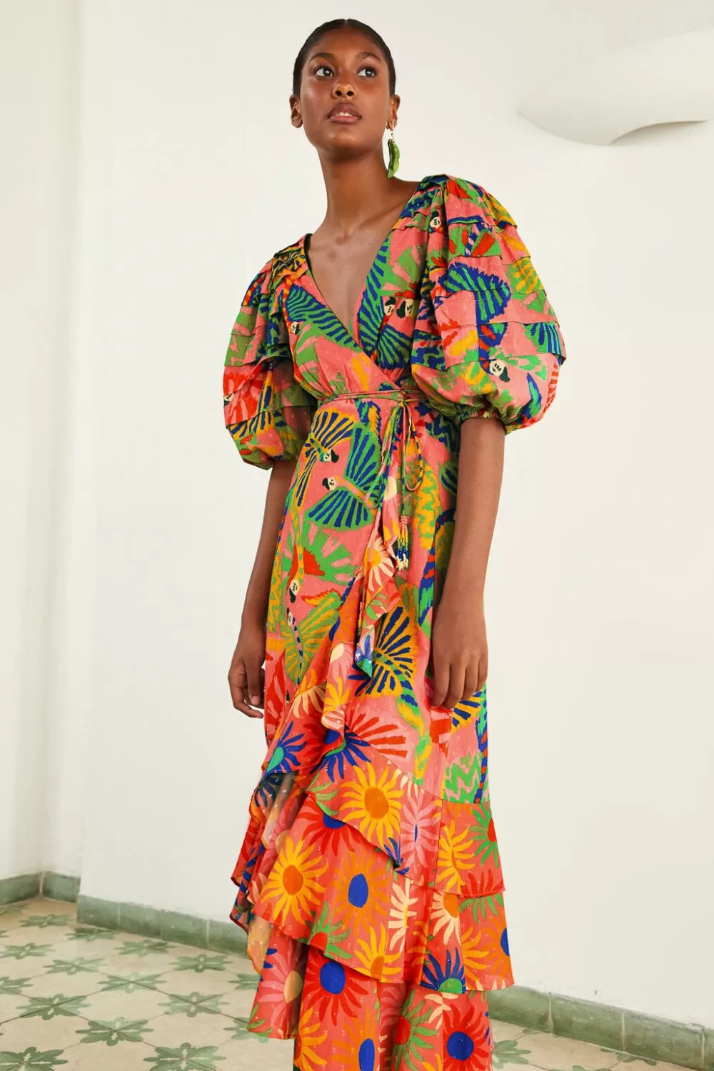 Coral Mixed Graphic Macaws Puff Sleeve Midi Dress | FARM Rio Clearance