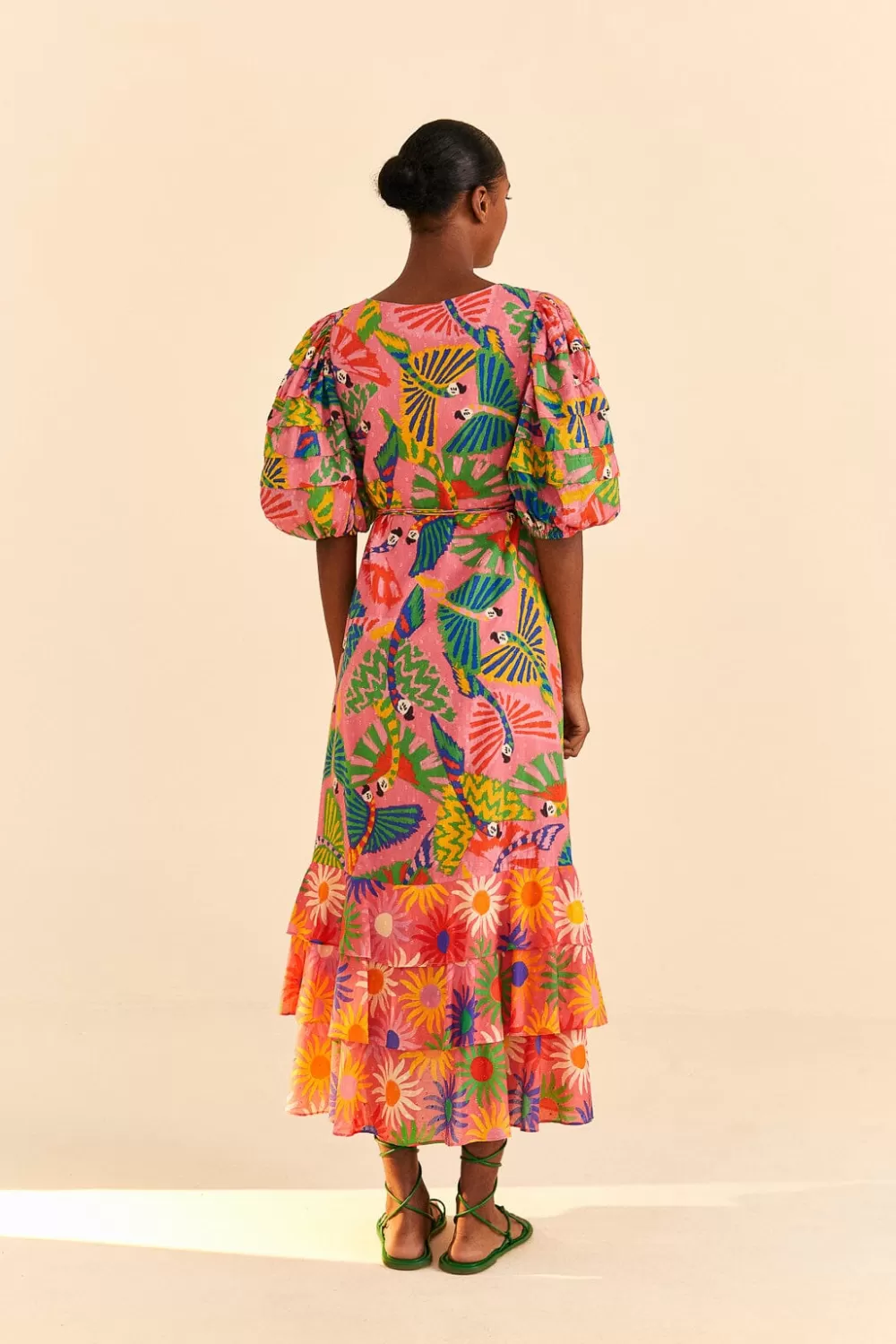Coral Mixed Graphic Macaws Puff Sleeve Midi Dress | FARM Rio Clearance
