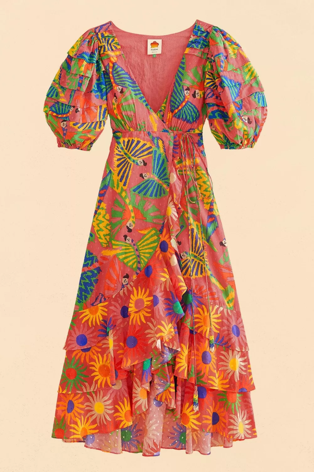 Coral Mixed Graphic Macaws Puff Sleeve Midi Dress | FARM Rio Clearance