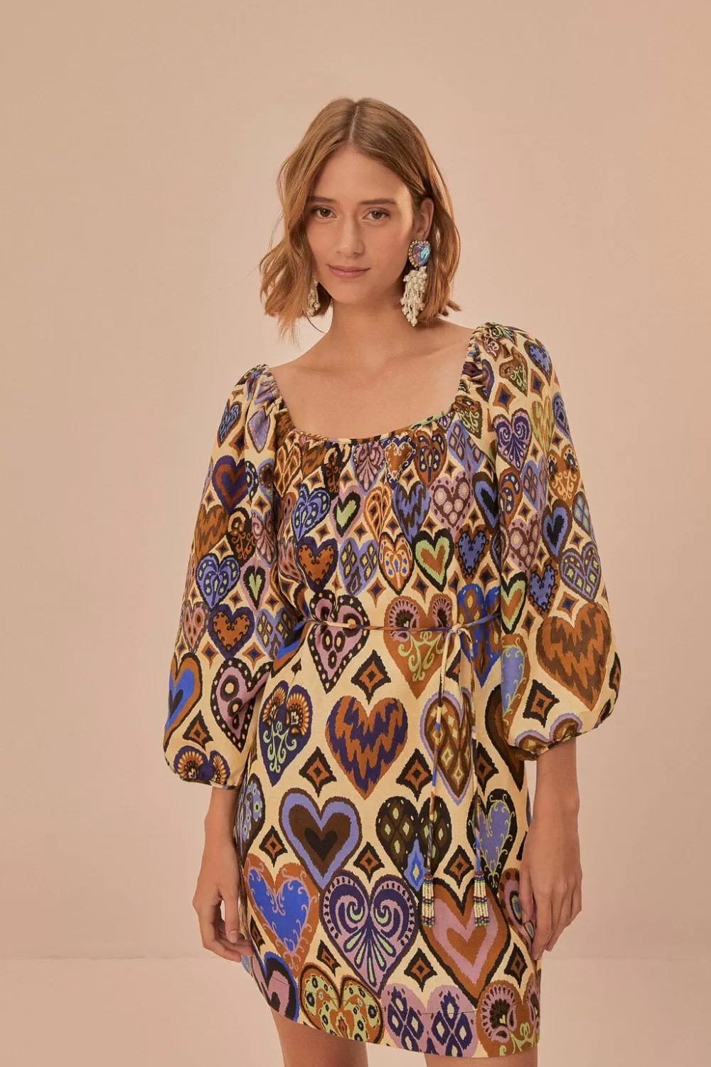 Cream Hearts Ikat Long Sleeve Mini Dress | FARM Rio Clearance