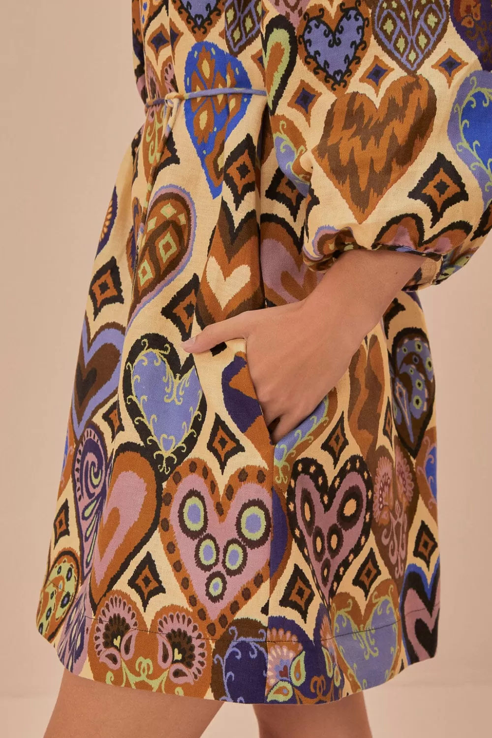 Cream Hearts Ikat Long Sleeve Mini Dress | FARM Rio Clearance
