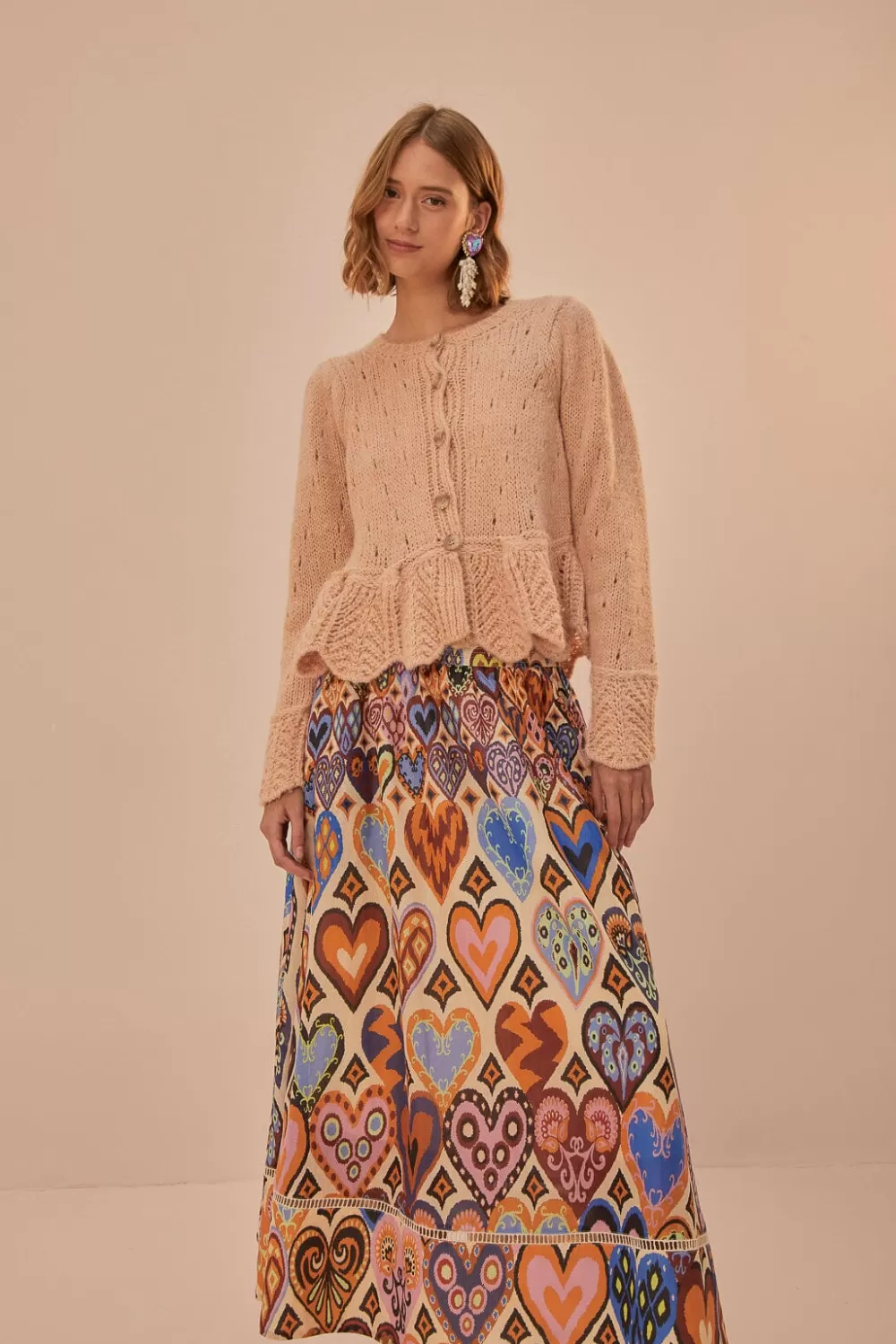 Cream Hearts Ikat Midi Skirt | FARM Rio Best