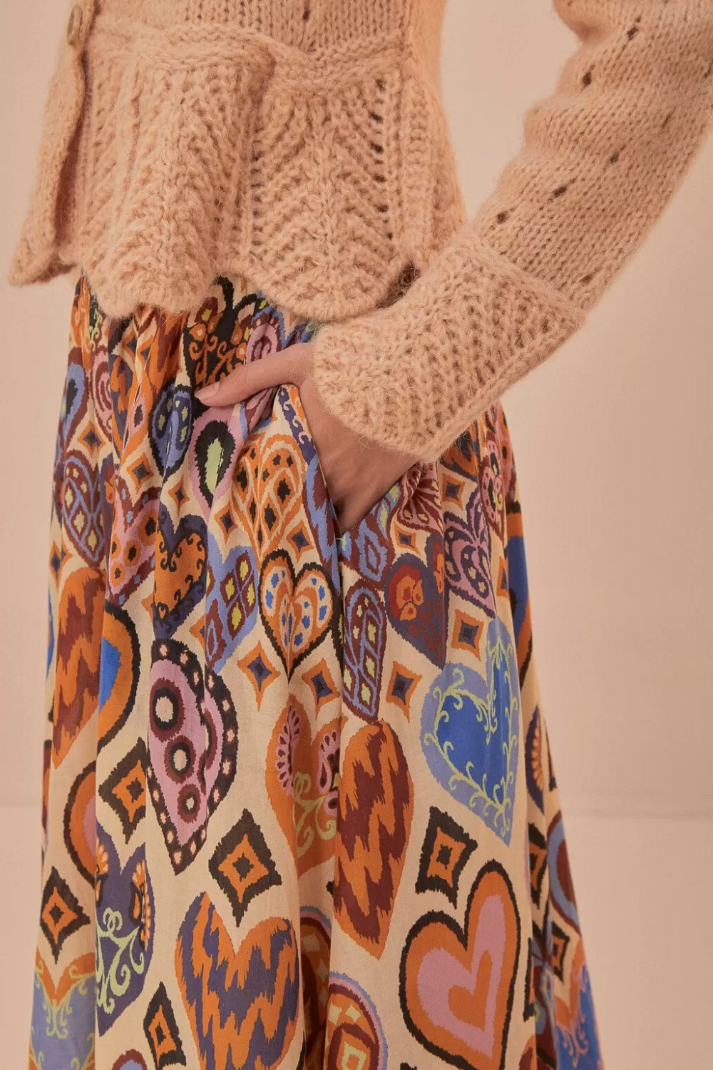 Cream Hearts Ikat Midi Skirt | FARM Rio Best