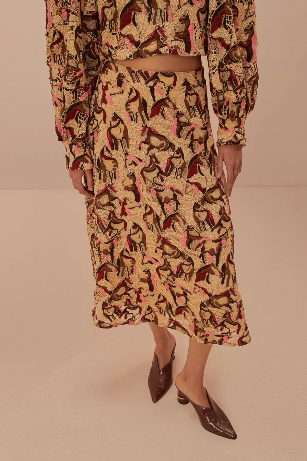 Cream Horses Guipure Midi Skirt | FARM Rio Shop