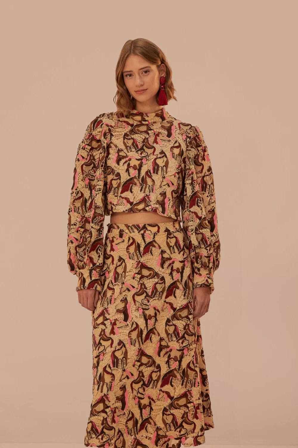 Cream Horses Guipure Midi Skirt | FARM Rio Shop