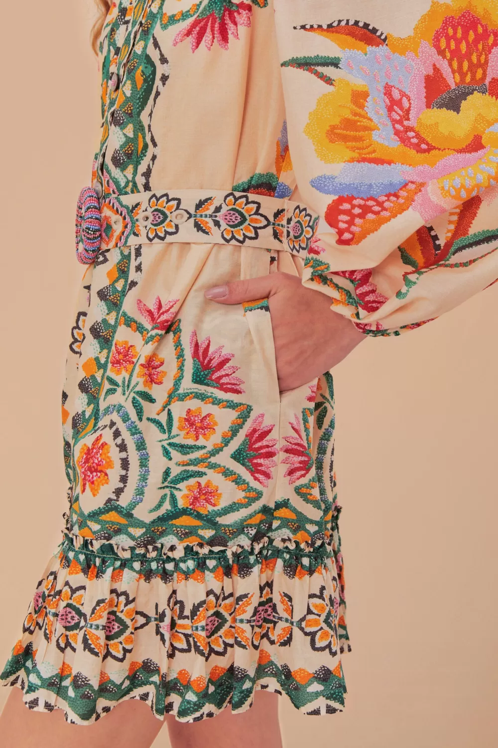 Cream Lucy Floral Tapestry Long Sleeve Mini Dress | FARM Rio Store