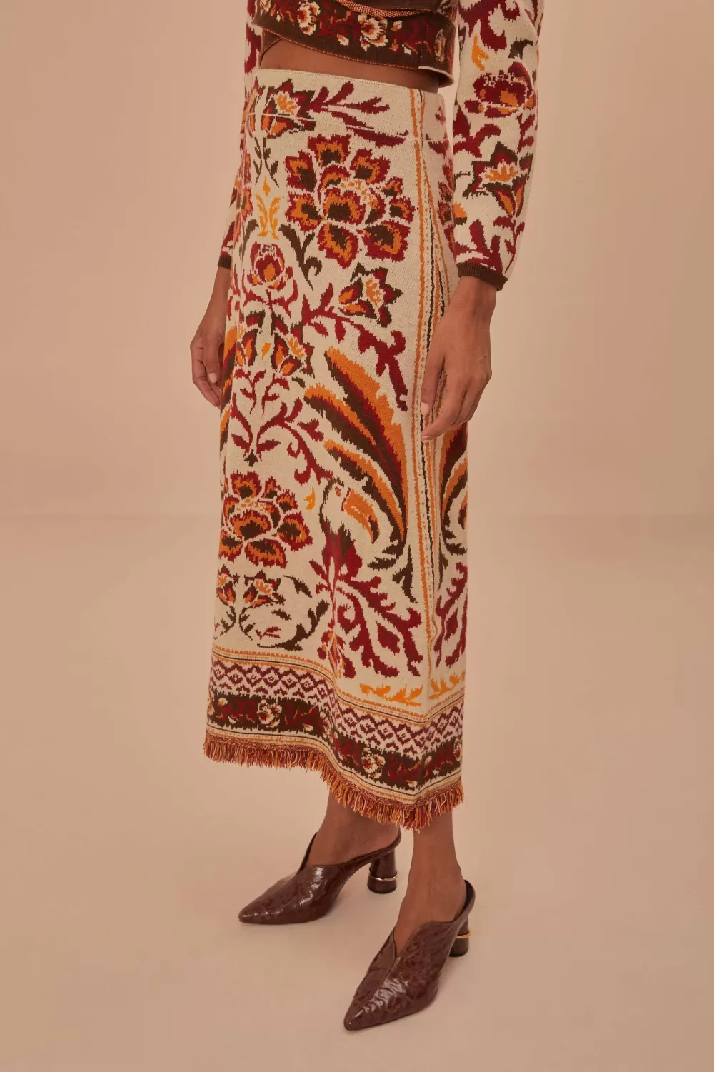 Cream Toucans Scarf Knit Midi Skirt | FARM Rio Store