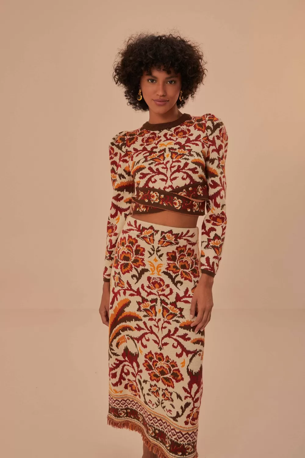 Cream Toucans Scarf Knit Midi Skirt | FARM Rio Store
