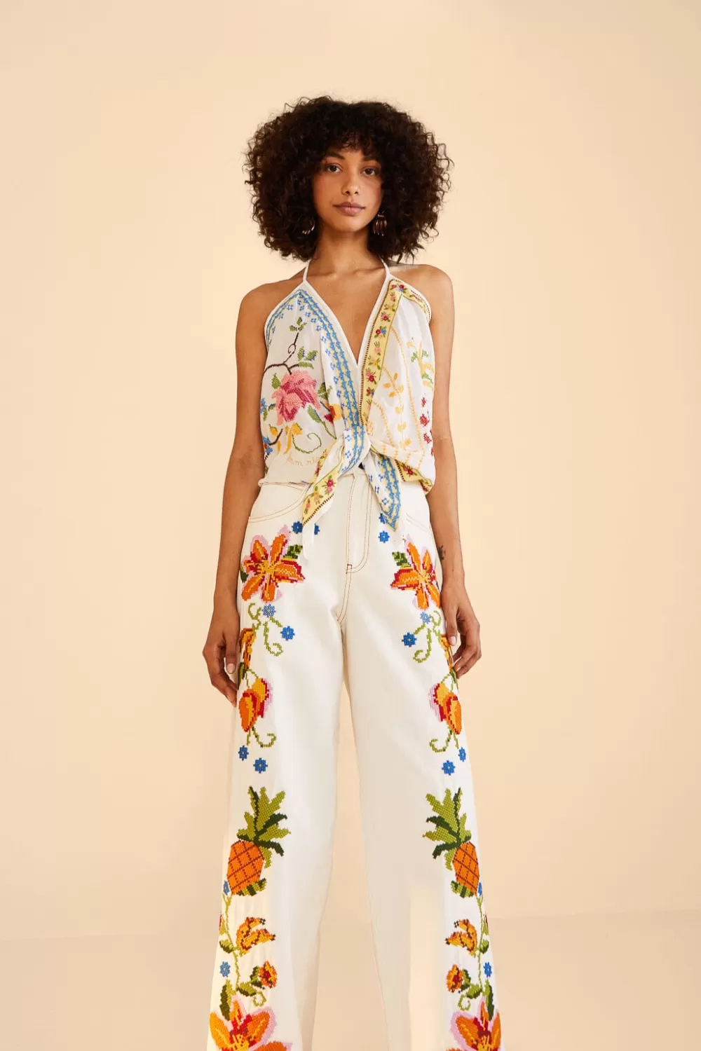 Embroidered Floral Twill Pants | FARM Rio New