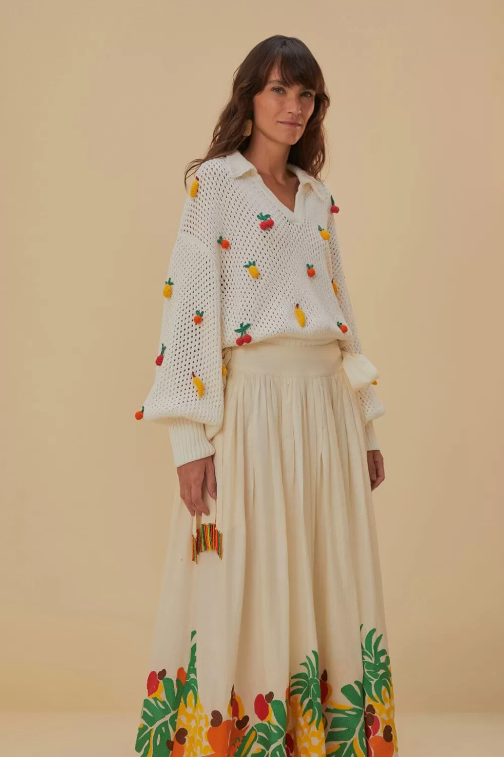 Embroidered Fruits Side Bow Midi Skirt | FARM Rio Hot