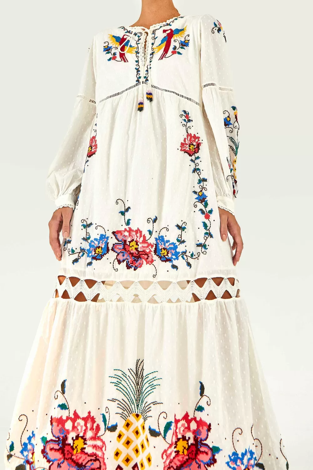 Embroidered Maxi Dress | Macaw Cross Stitch | FARM Rio Outlet