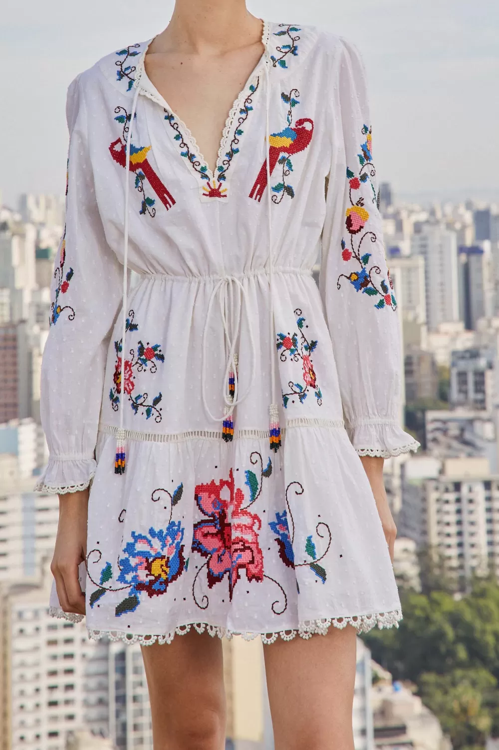 Embroidered Mini Dress | Macaw Cross Stitch | FARM Rio New