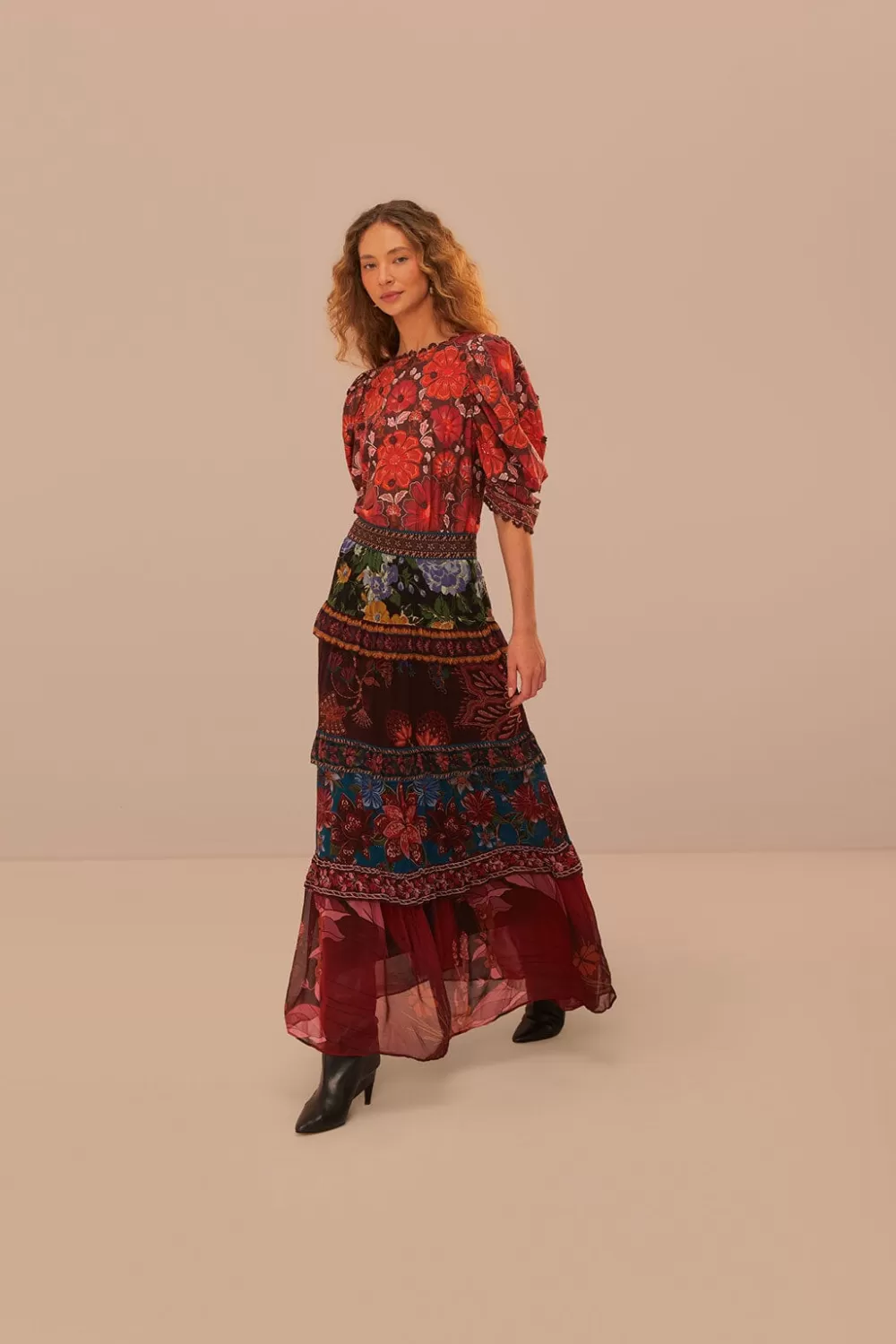 Floral Mix Ruffle Maxi Skirt | FARM Rio Hot