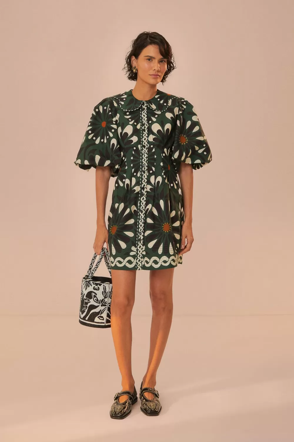 Green Ainika Flowers Short Sleeve Mini Dress | FARM Rio Discount