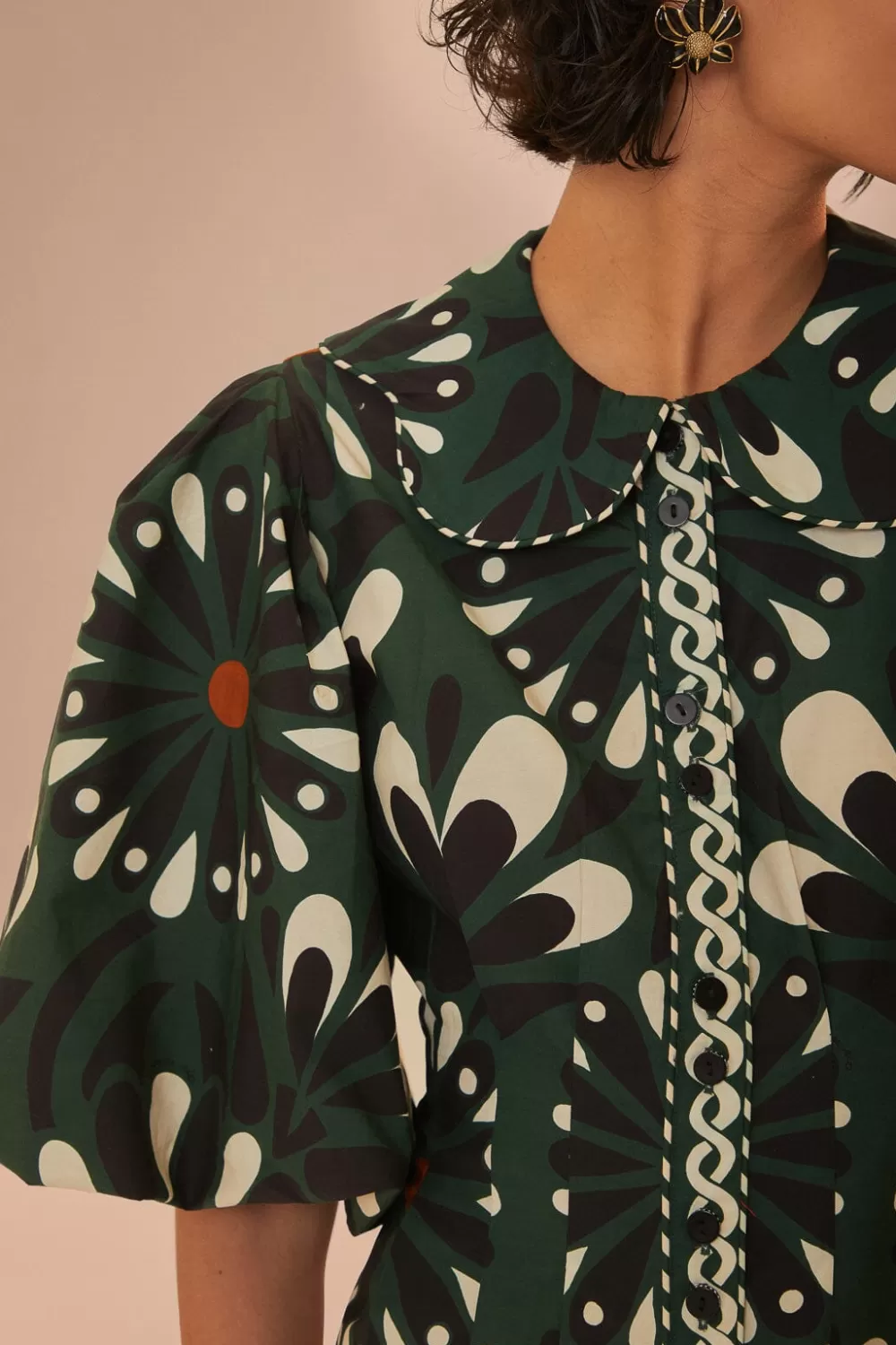 Green Ainika Flowers Short Sleeve Mini Dress | FARM Rio Discount