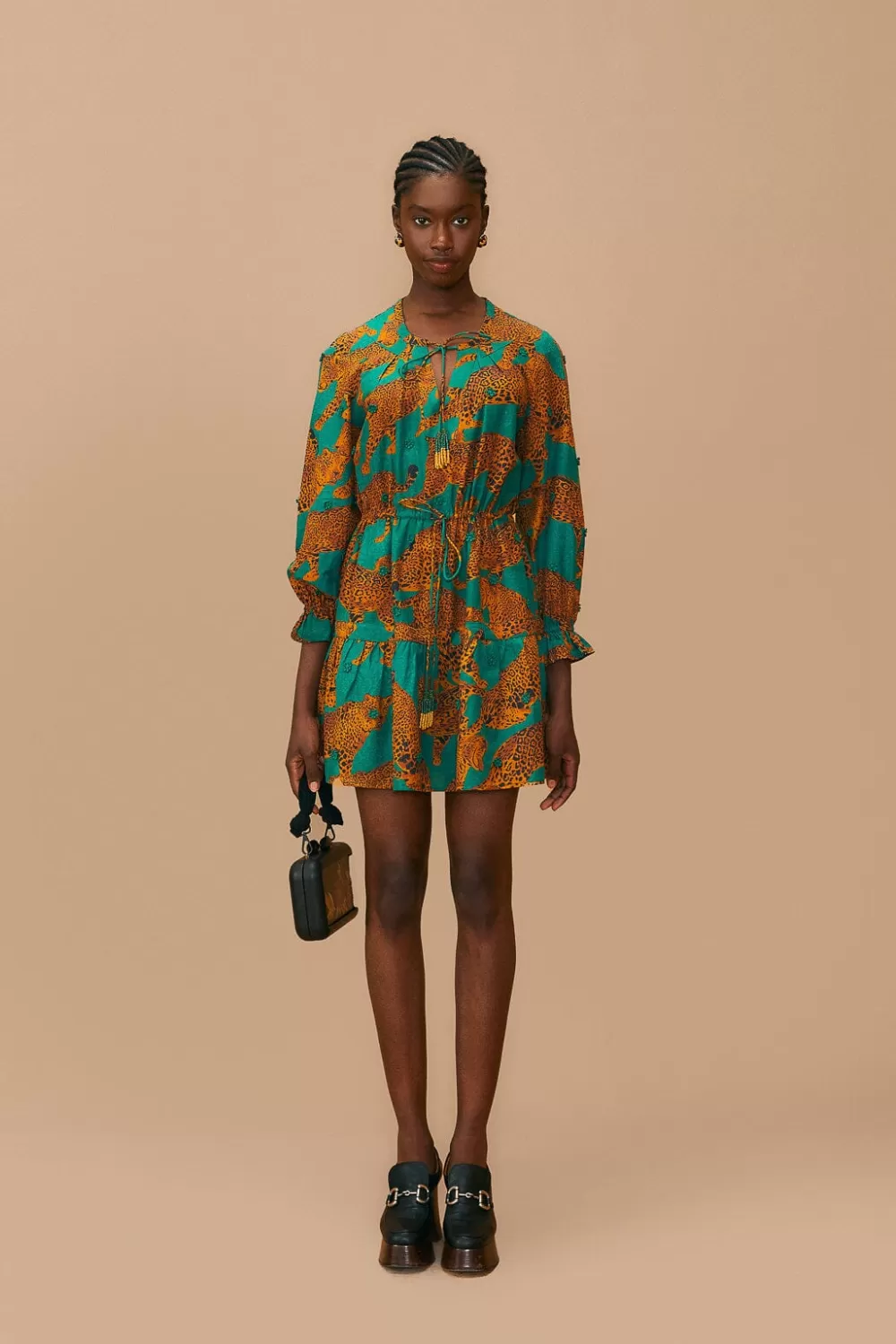 Green Artsy Leopards Long Sleeve Mini Dress | FARM Rio Clearance