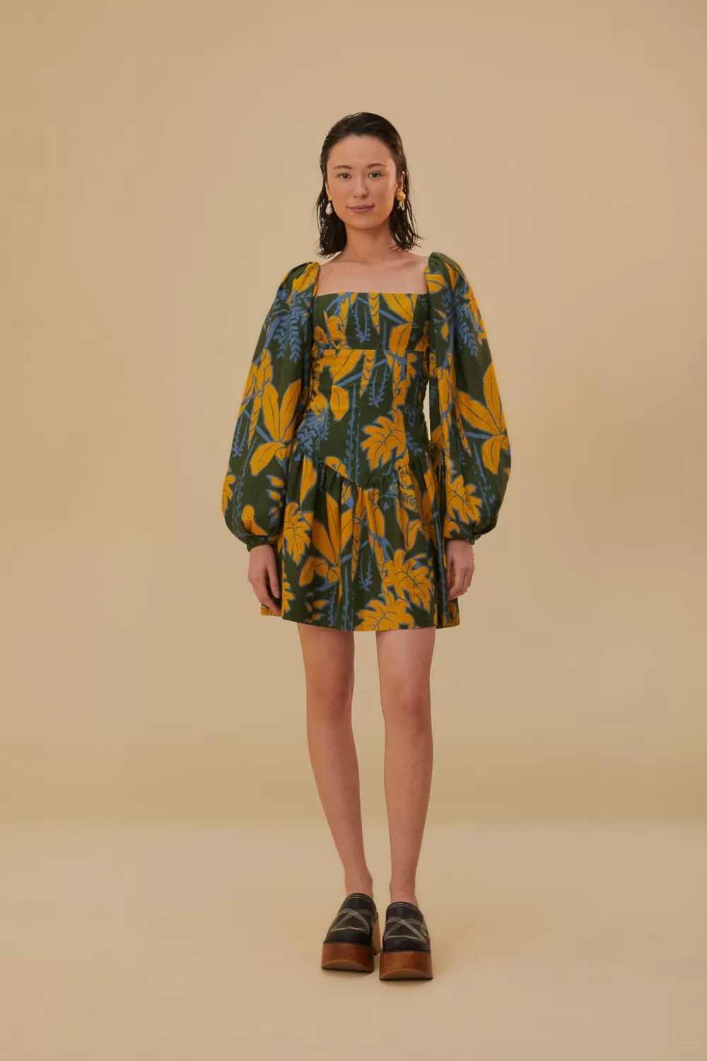 Green Foliage Sketch Lenzing™ Ecovero™ Euroflax™ Mini Dress | FARM Rio Cheap