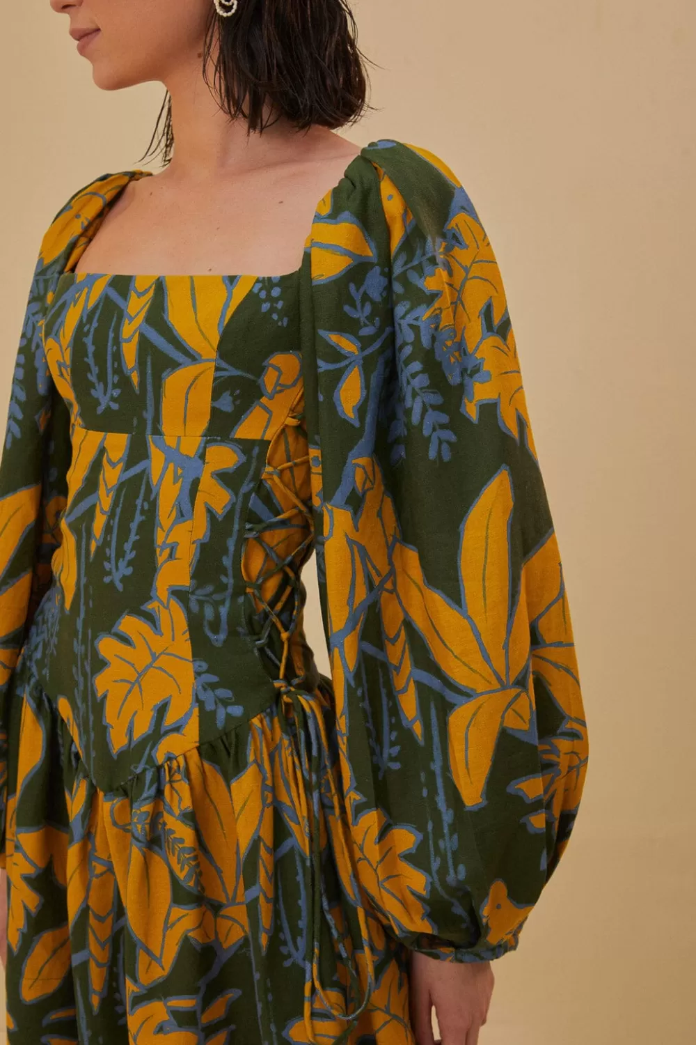 Green Foliage Sketch Lenzing™ Ecovero™ Euroflax™ Mini Dress | FARM Rio Cheap