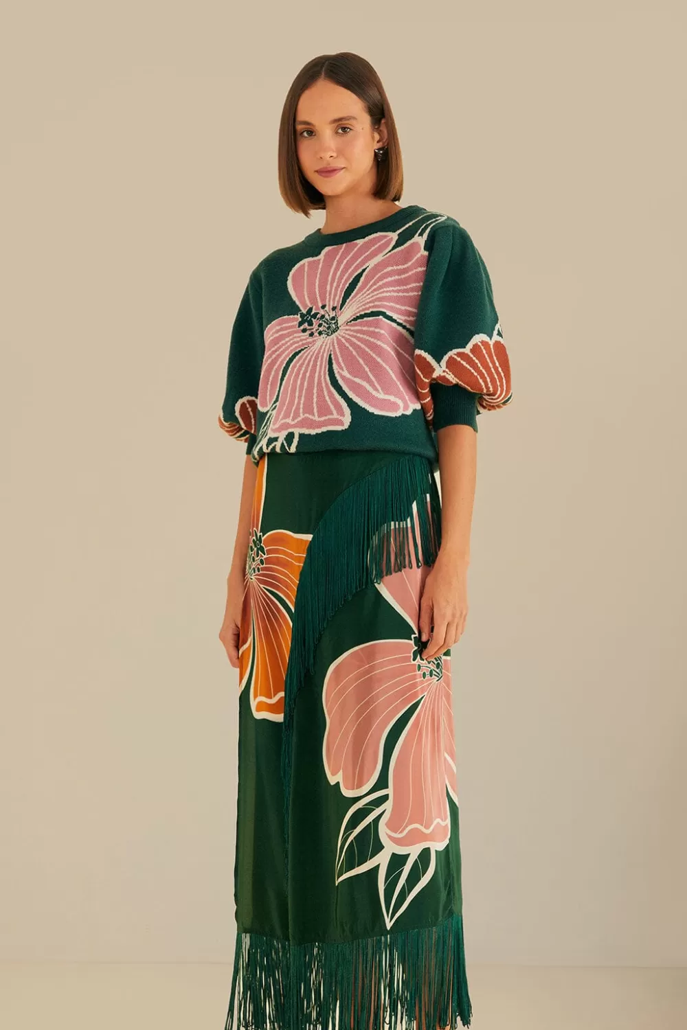 Green Honolulu Flowers Fringe Maxi Skirt | FARM Rio Best