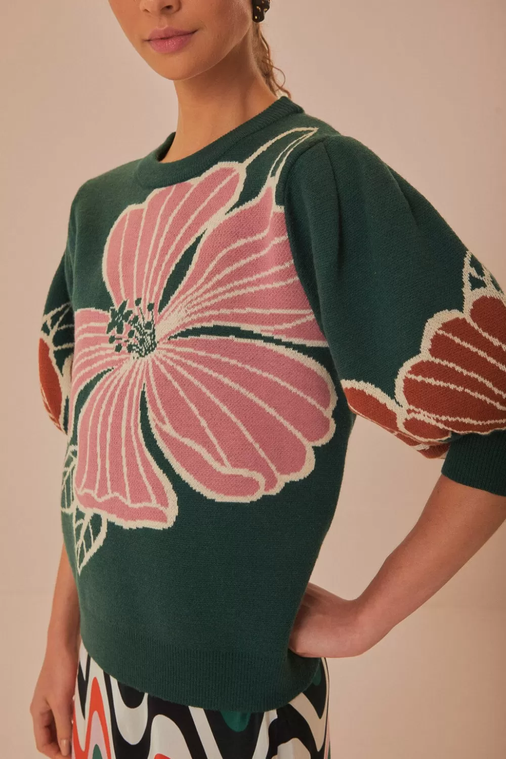 Green Honolulu Flowers Knit Sweater | FARM Rio New