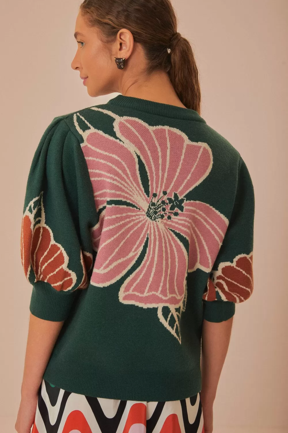 Green Honolulu Flowers Knit Sweater | FARM Rio New