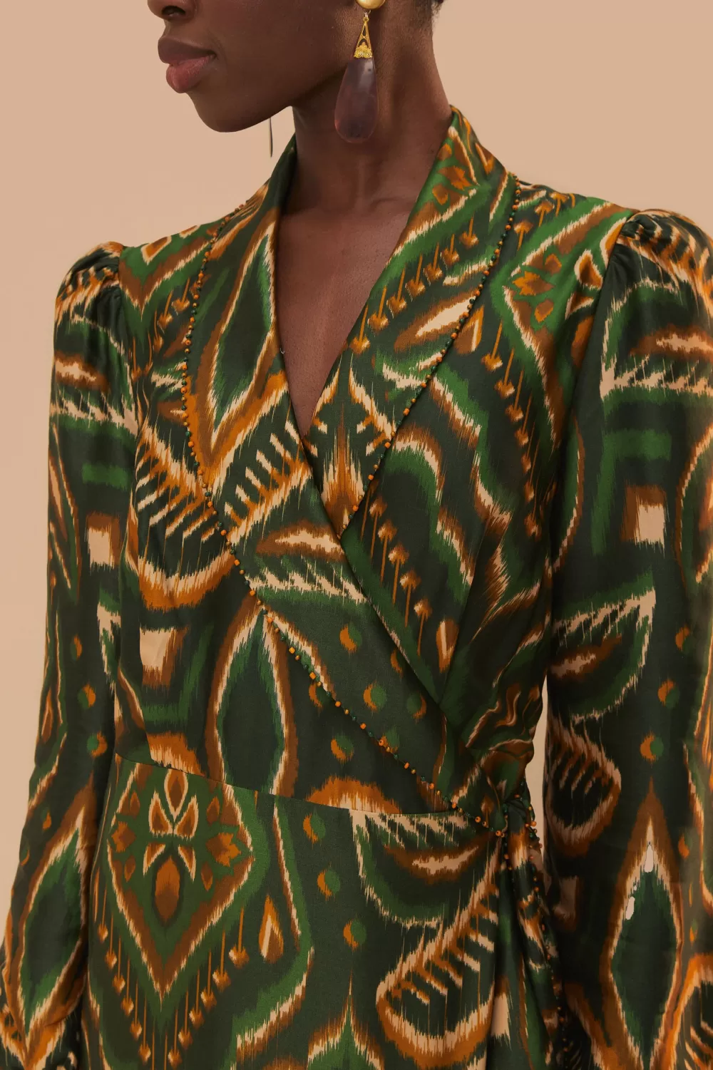 Green Pineapple Ikat Long Sleeve Midi Dress | FARM Rio Store
