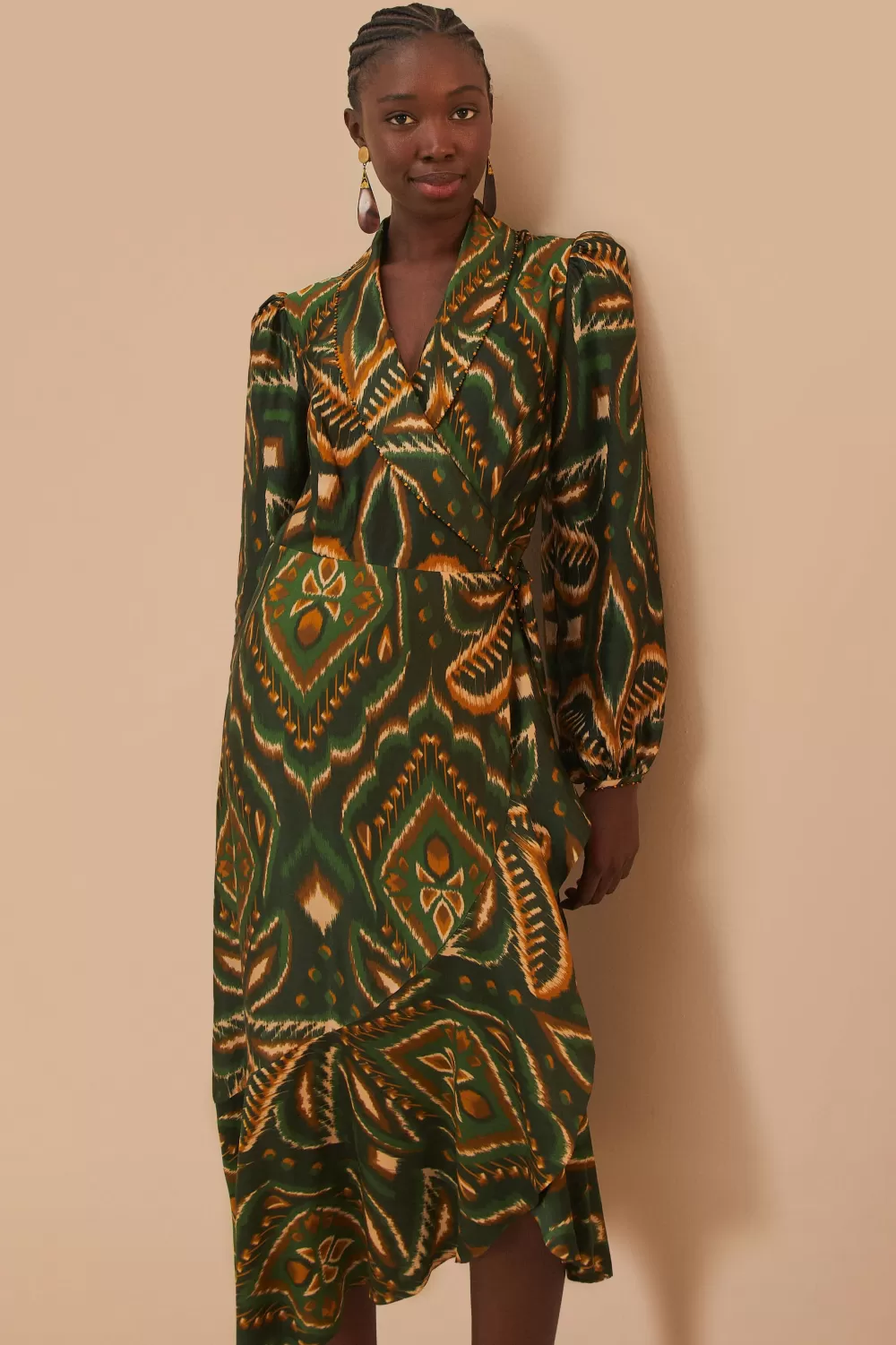 Green Pineapple Ikat Long Sleeve Midi Dress | FARM Rio Store