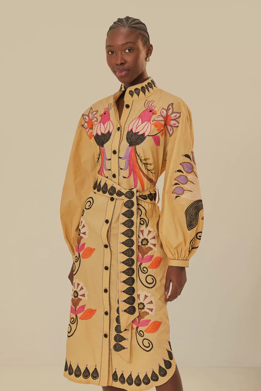 Khaki Flower Bird Embroidered Midi Dress | FARM Rio Best