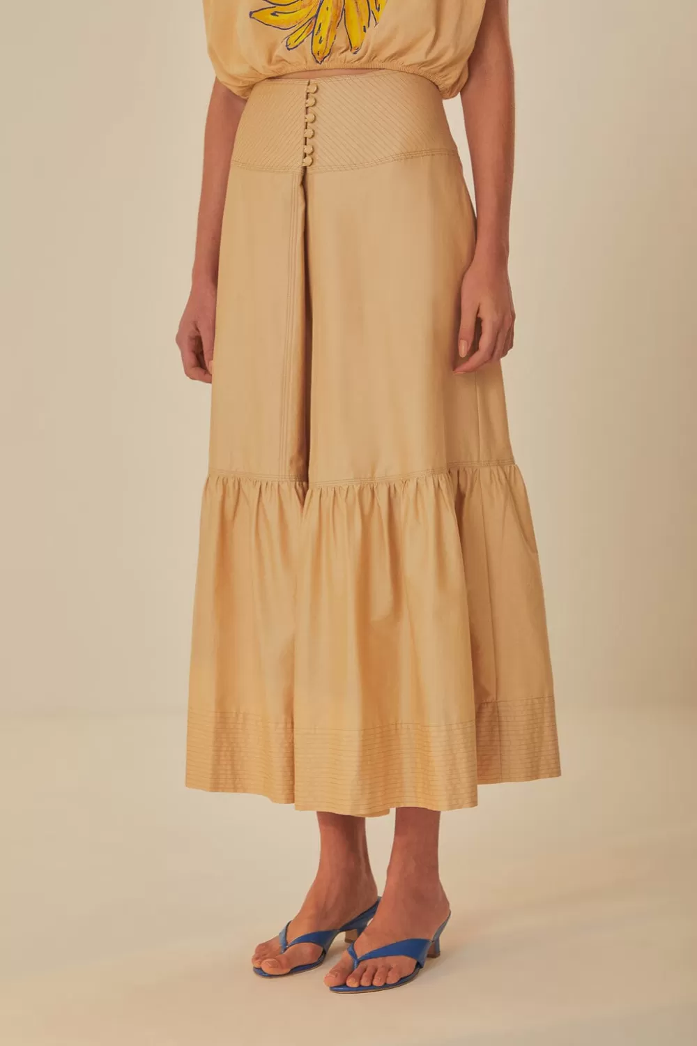 Khaki Topstitching Yoke Organic Cotton Maxi Skirt | FARM Rio Outlet