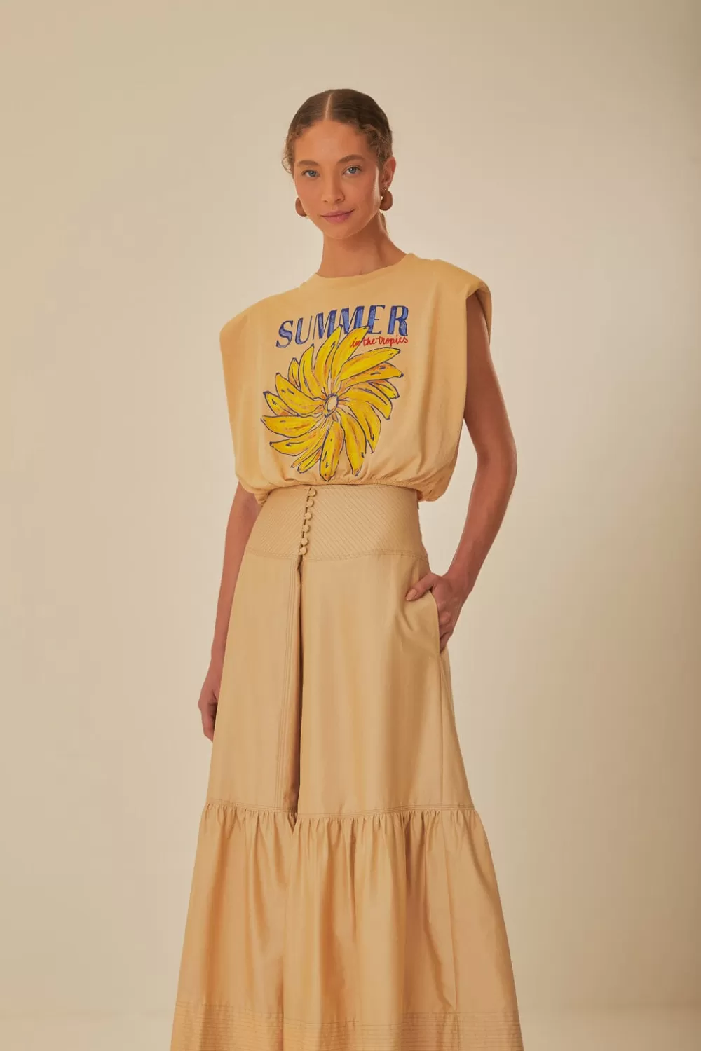 Khaki Topstitching Yoke Organic Cotton Maxi Skirt | FARM Rio Outlet