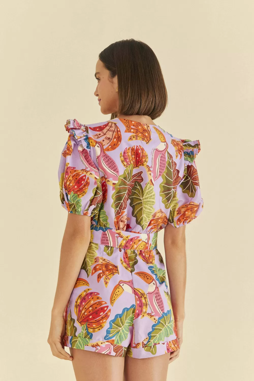 Lilac Romper | V neck | Beaks & Bananas Print | FARM Rio Hot