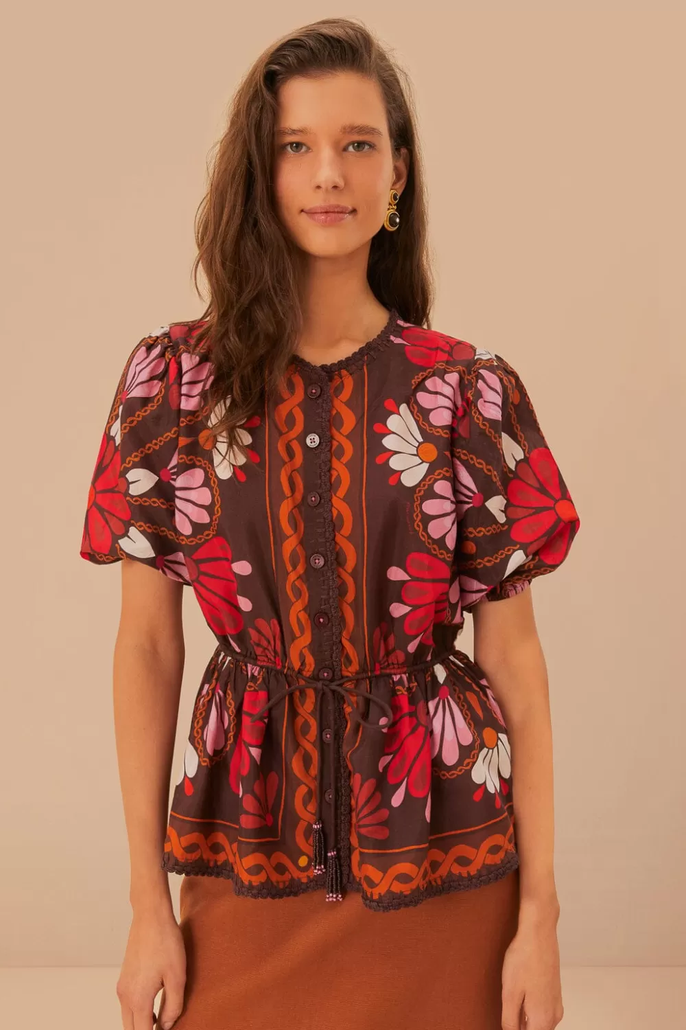 Miranda Brown Short Sleeve Blouse | FARM Rio New