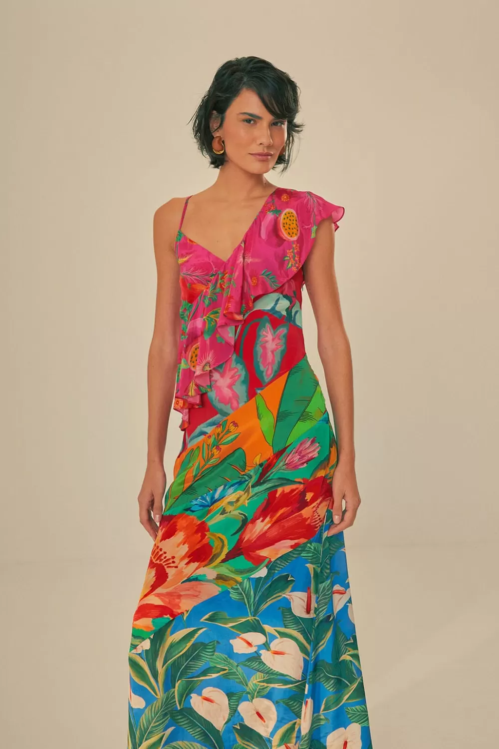 Mixed Flowery Rufle One Strap Midi Dress | FARM Rio Sale