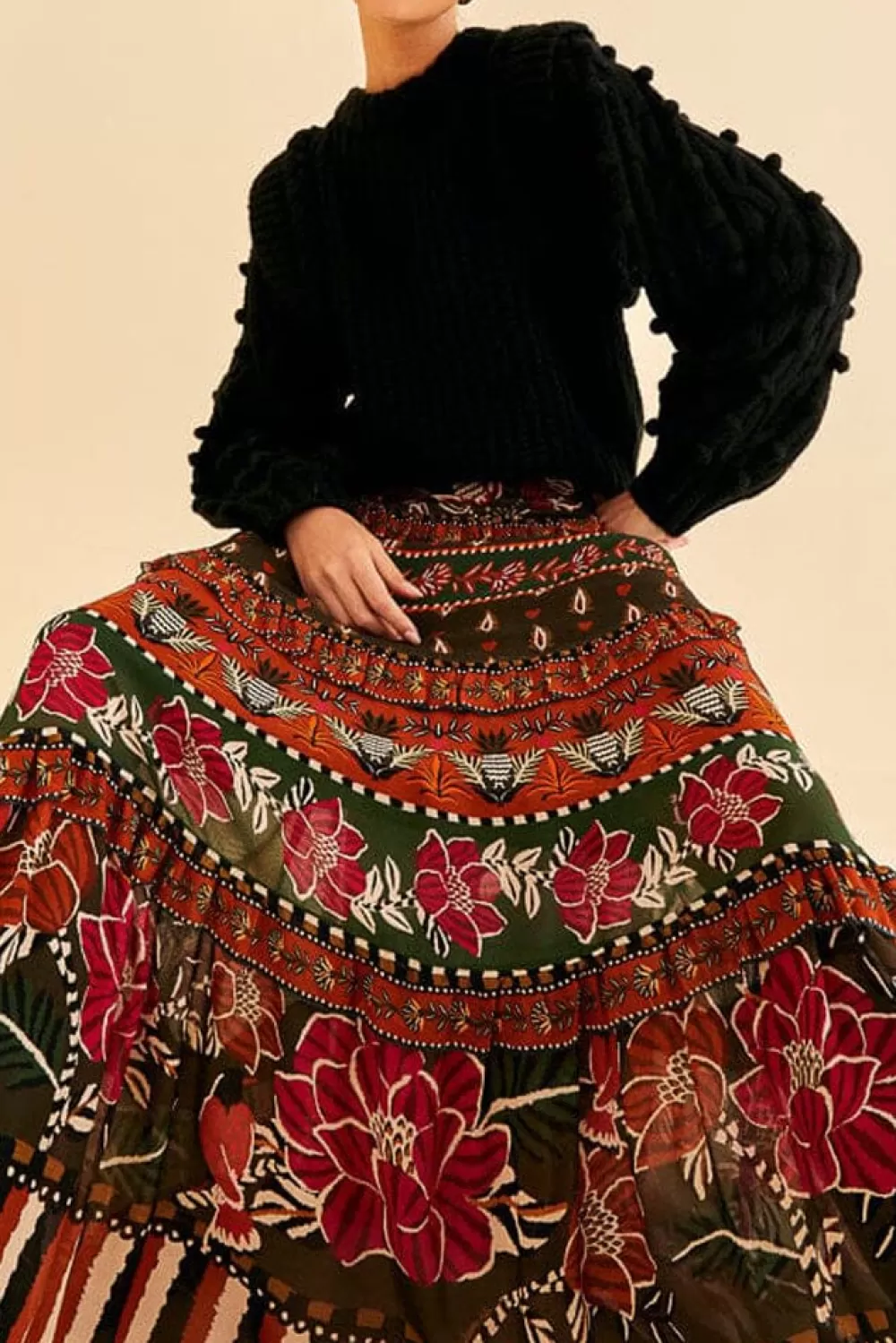 Multicolor Ainika Floral Garden Tiered Maxi Skirt | FARM Rio Discount