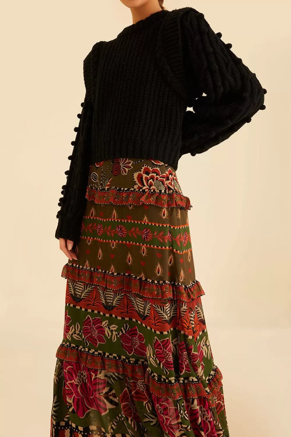 Multicolor Ainika Floral Garden Tiered Maxi Skirt | FARM Rio Discount