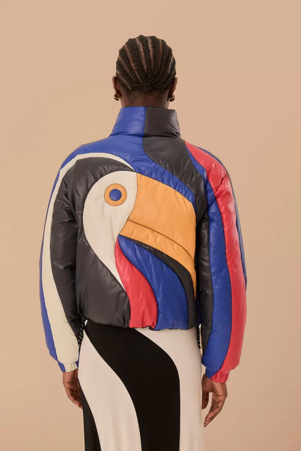Multicolor Amanda Stripes Toucan Reversible Puffer Jacket | FARM Rio Online