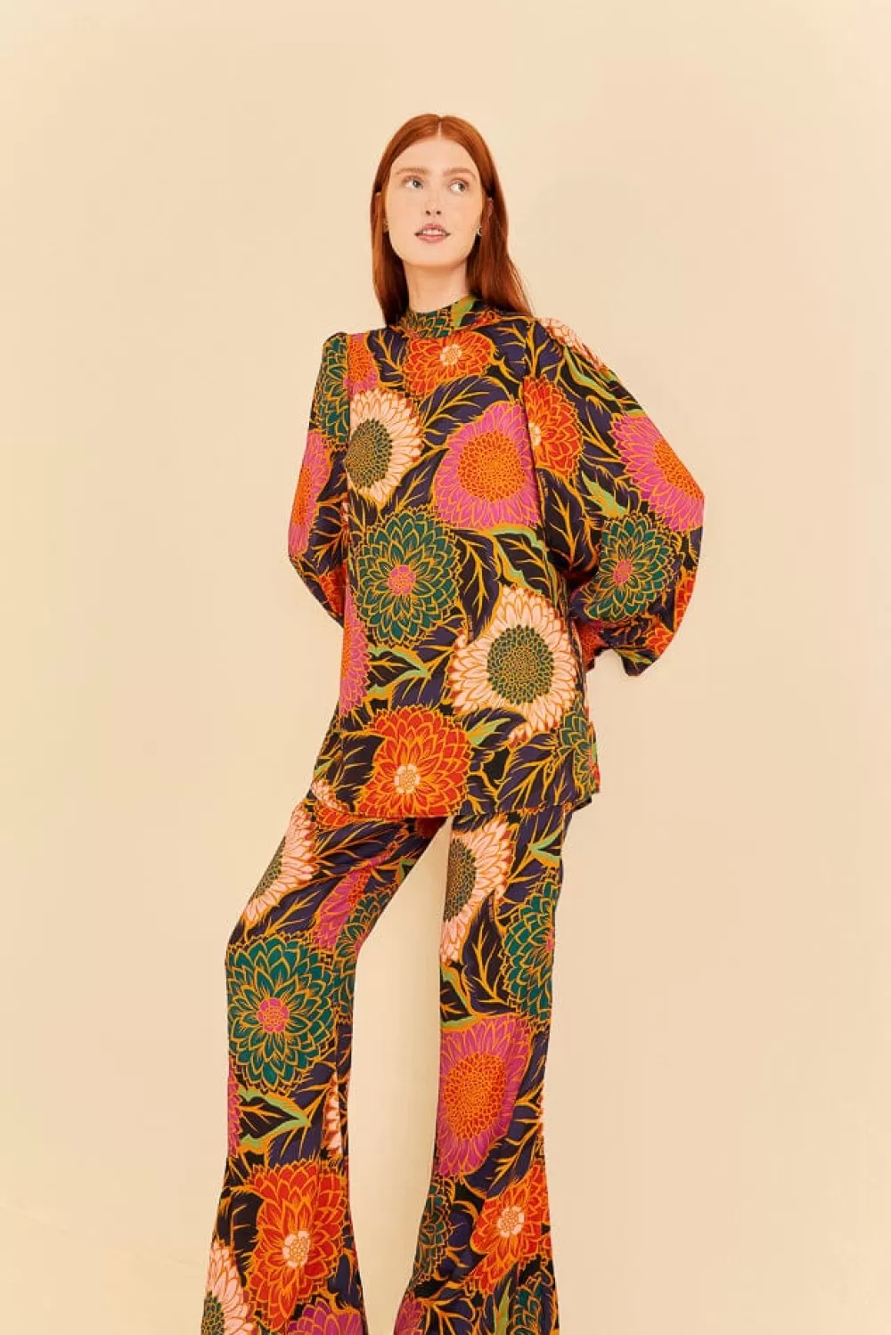 Multicolor Vintage Garden Satin Flare Pants | FARM Rio Shop