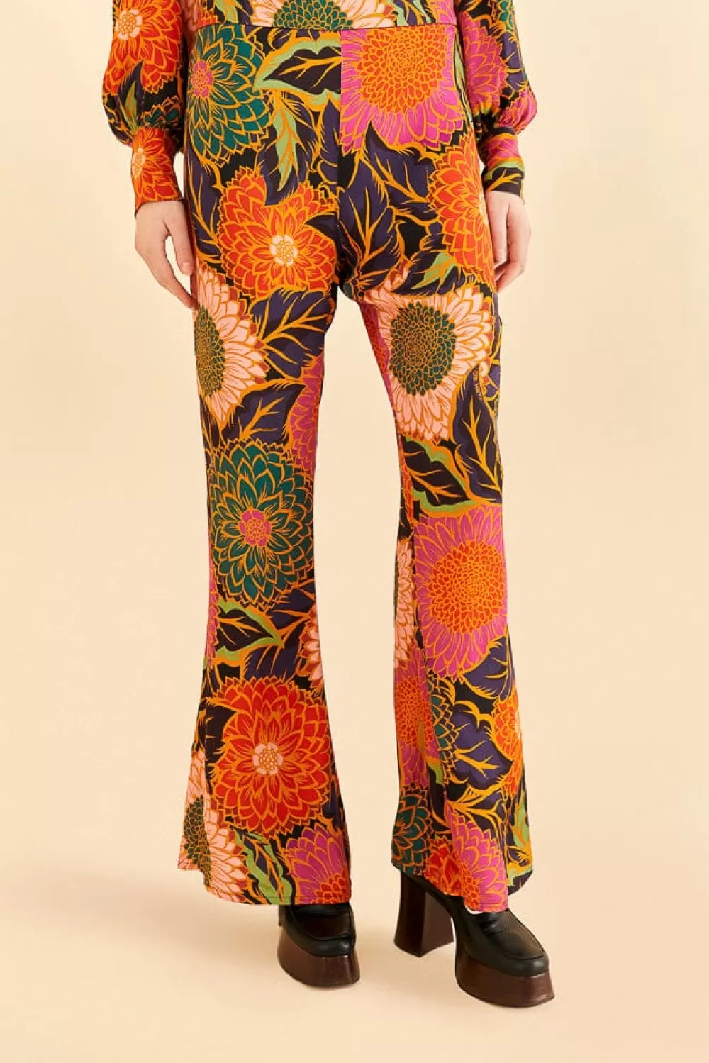 Multicolor Vintage Garden Satin Flare Pants | FARM Rio Shop