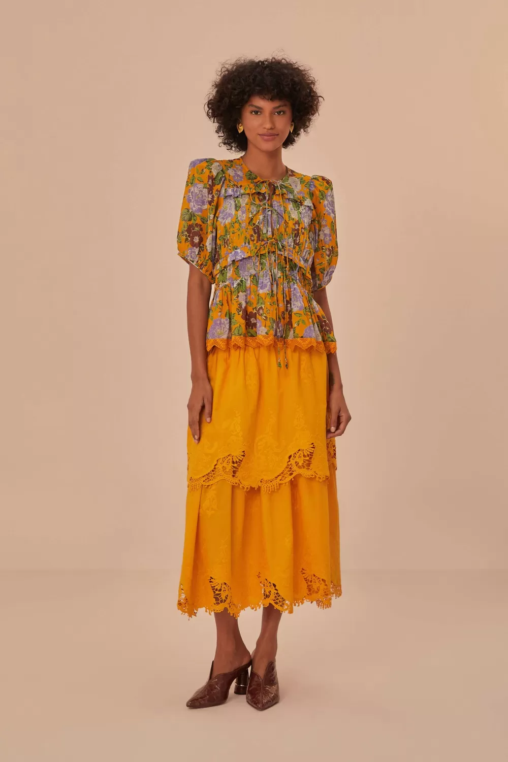 Mustard Capri Floral Short Sleeve Blouse | FARM Rio Cheap