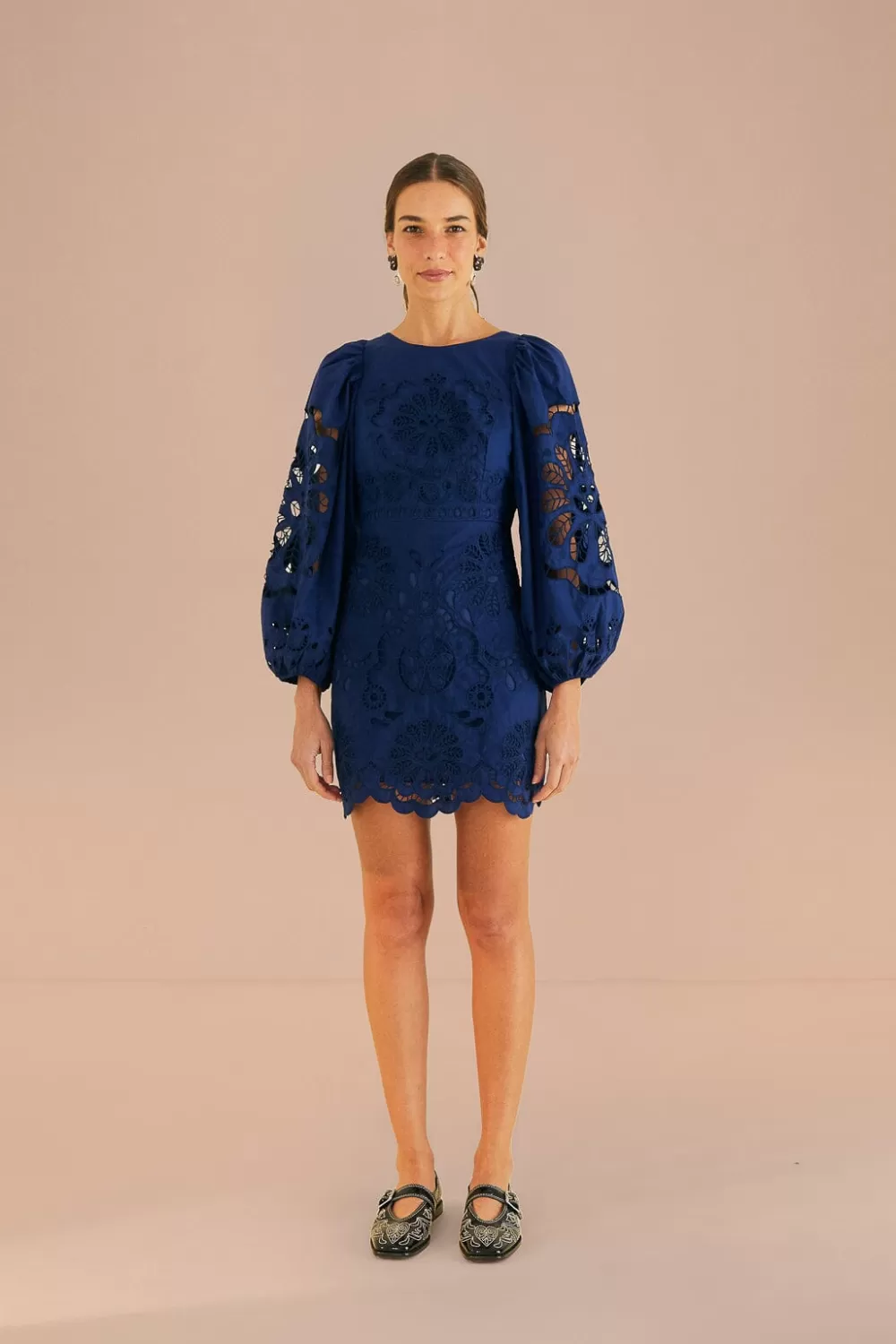 Navy Blue Flowery Richelieu Mini Dress | FARM Rio Store