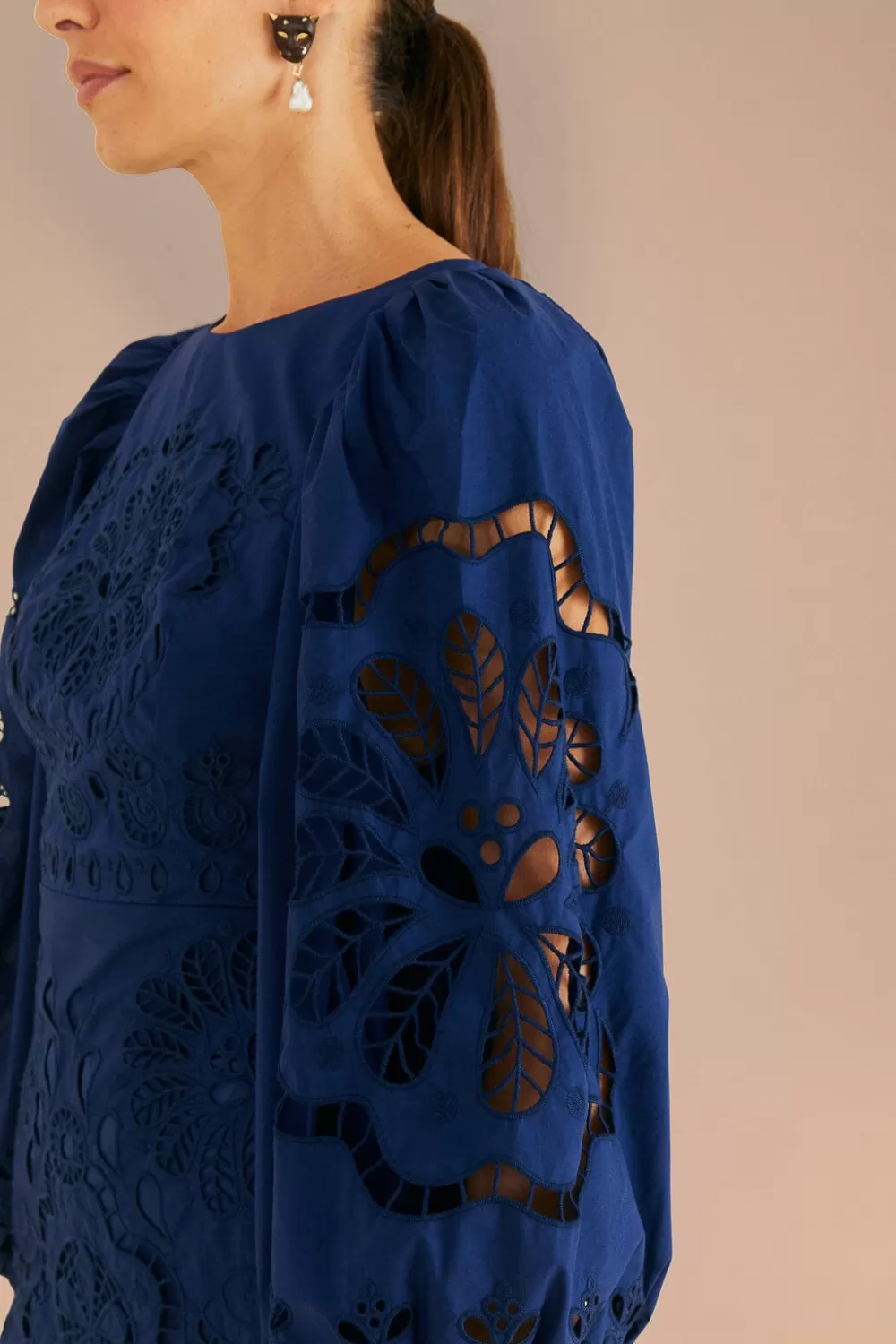 Navy Blue Flowery Richelieu Mini Dress | FARM Rio Store