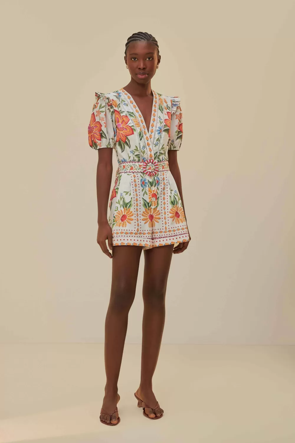 Off-White Bloom Garden LENZING™ ECOVERO™ Euroflax™ Romper | FARM Rio Shop