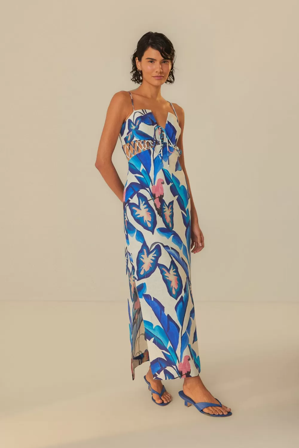 Off-White Blue Foliage Maxi Dress | FARM Rio Discount