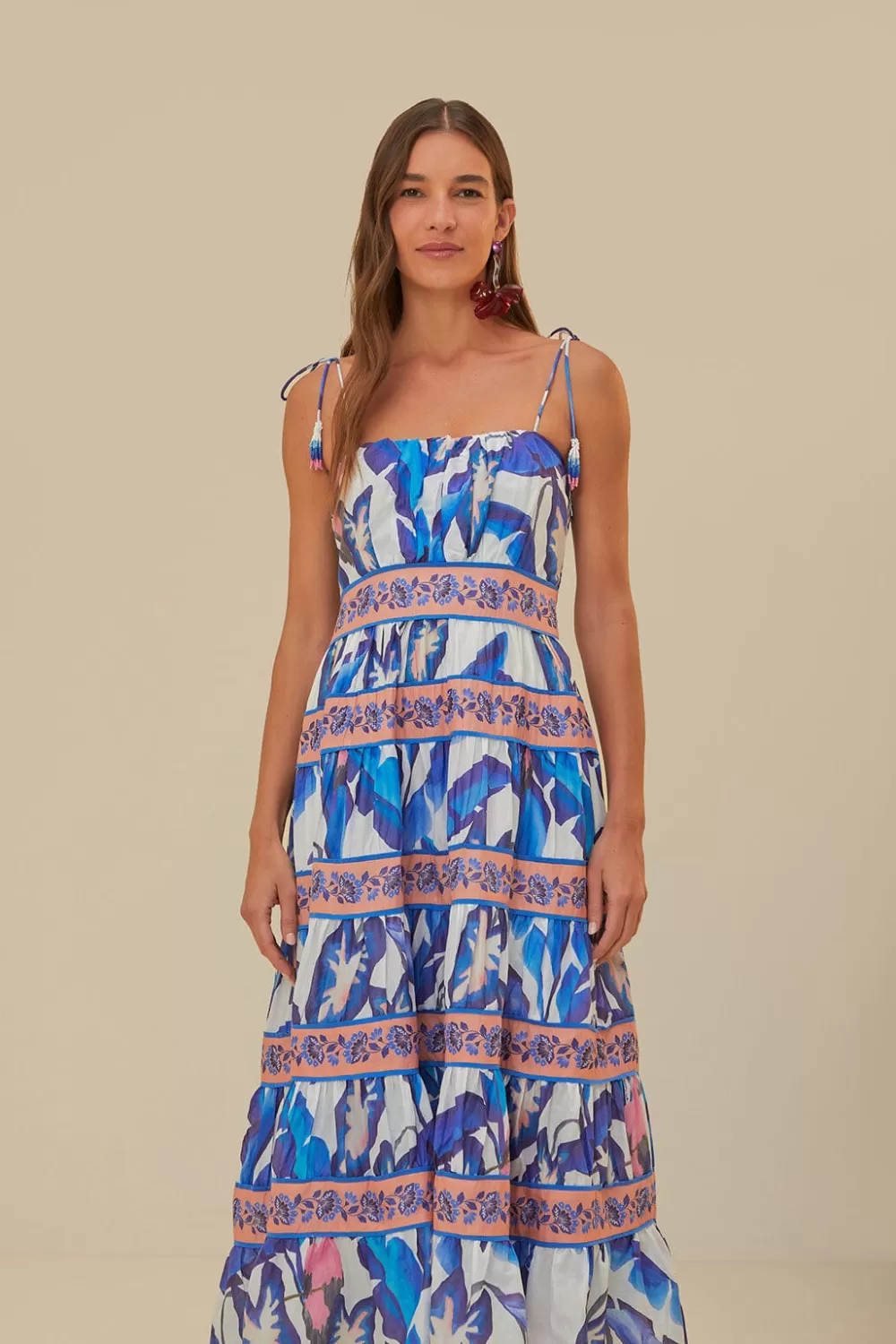 Off-White Blue Foliage Midi Dress | FARM Rio Store
