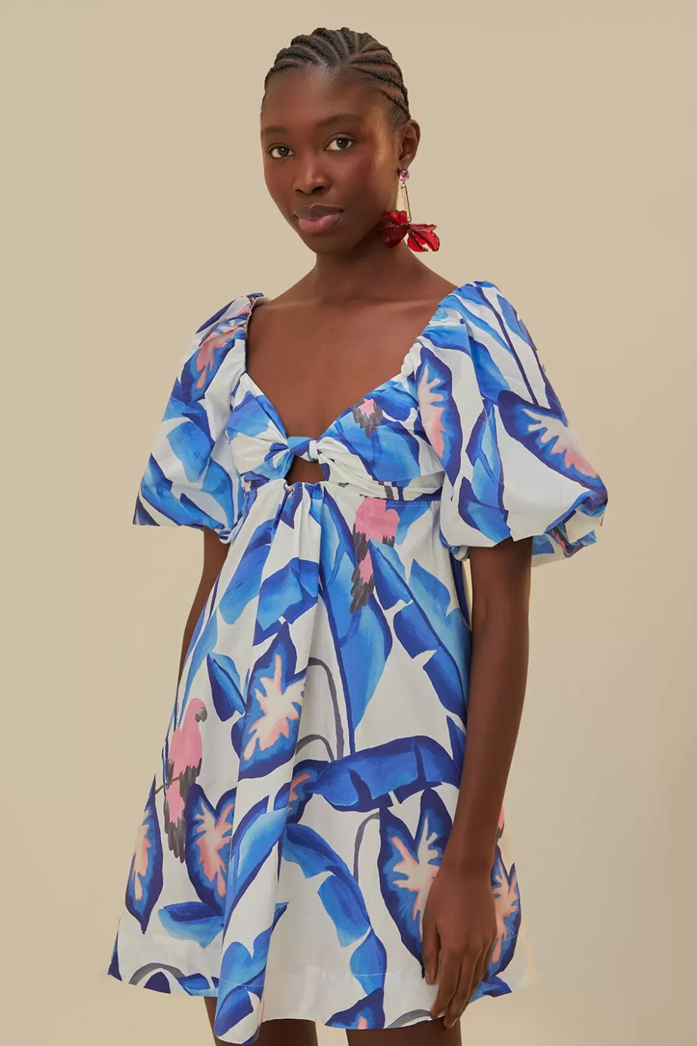Off-White Blue Foliage Mini Dress | FARM Rio Store