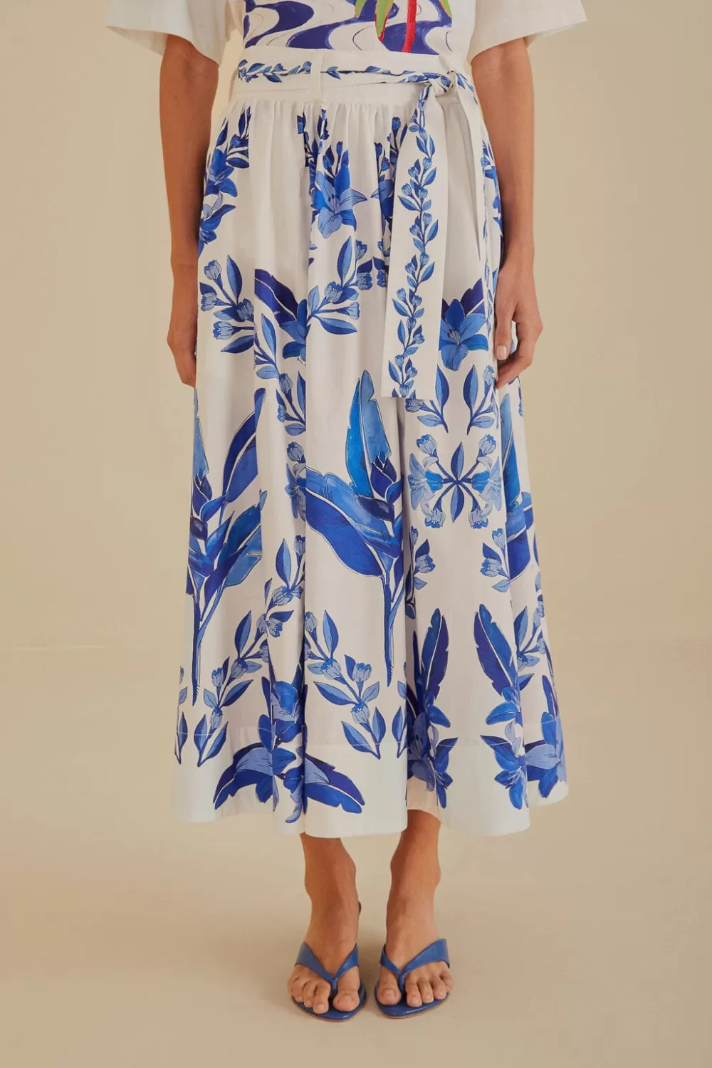 Off-White Blue Yard Organic Cotton Midi Skirt | FARM Rio Clearance