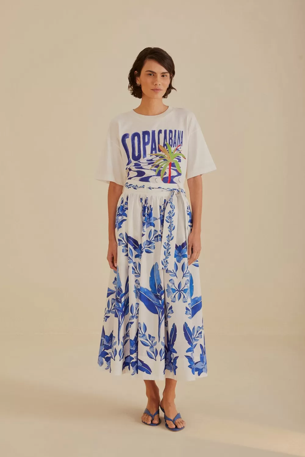Off-White Blue Yard Organic Cotton Midi Skirt | FARM Rio Clearance